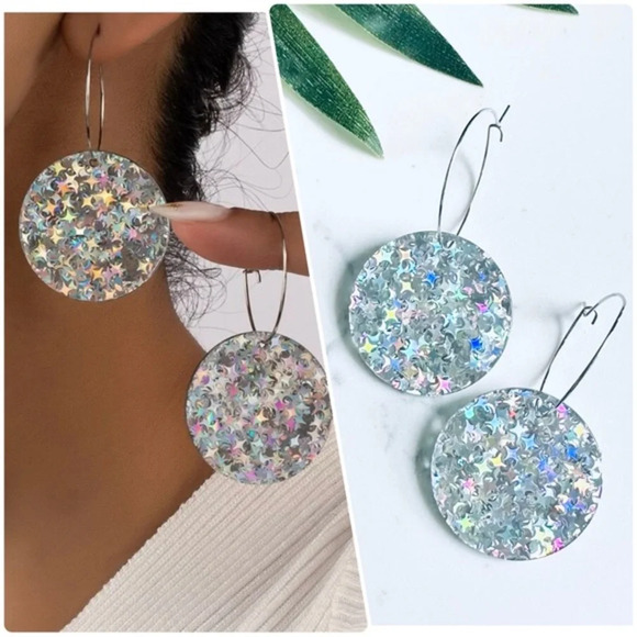 Jewelry - 2/$30🌵 Pixiedust Iridescent Glitter Sparkle Earrings Acrylic Circle Hoop Disc
